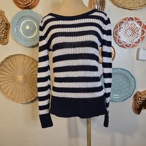 GAP Striped Navy and White Open Knit Beachy Coastal Sweater